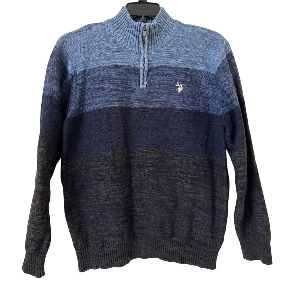 US Polo Association, Black Mallet, Large Pullover Sweater Blue Brown Quarter Zip